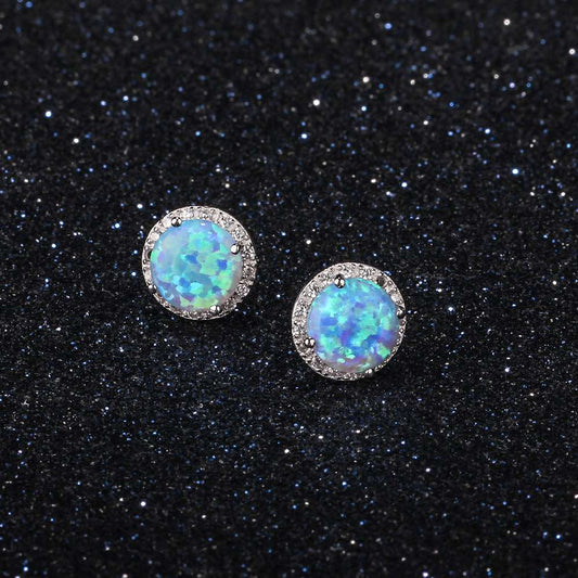 925 Sterling Silver Earrings Round Opal with Cubic Zirconia