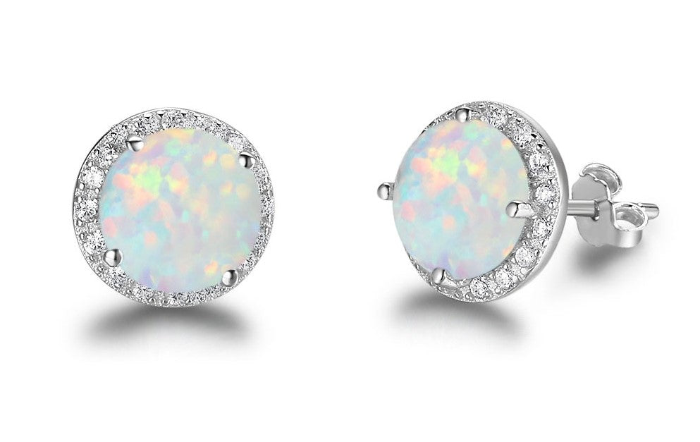 925 Sterling Silver Earrings Round Opal with Cubic Zirconia