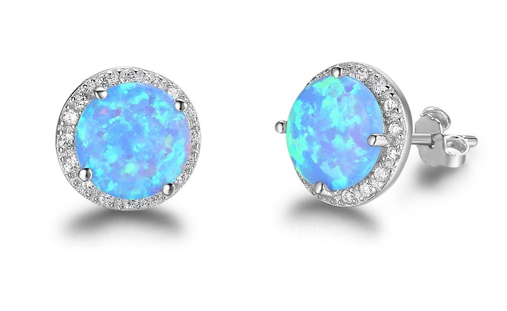 925 Sterling Silver Earrings Round Opal with Cubic Zirconia