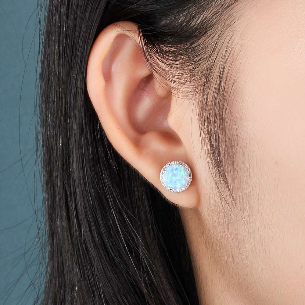 925 Sterling Silver Earrings Round Opal with Cubic Zirconia