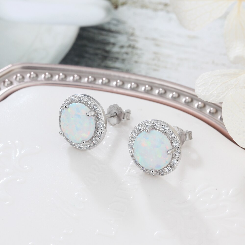 925 Sterling Silver Earrings Round Opal with Cubic Zirconia