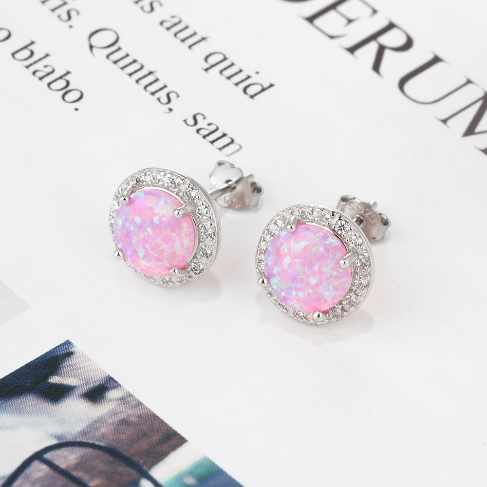 925 Sterling Silver Earrings Round Opal with Cubic Zirconia