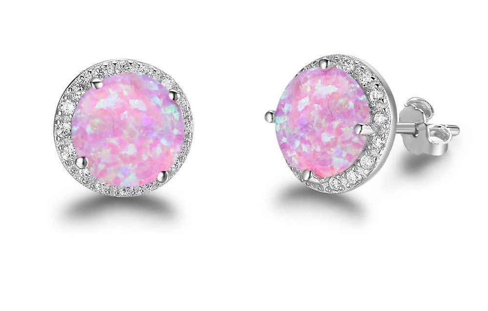 925 Sterling Silver Earrings Round Opal with Cubic Zirconia