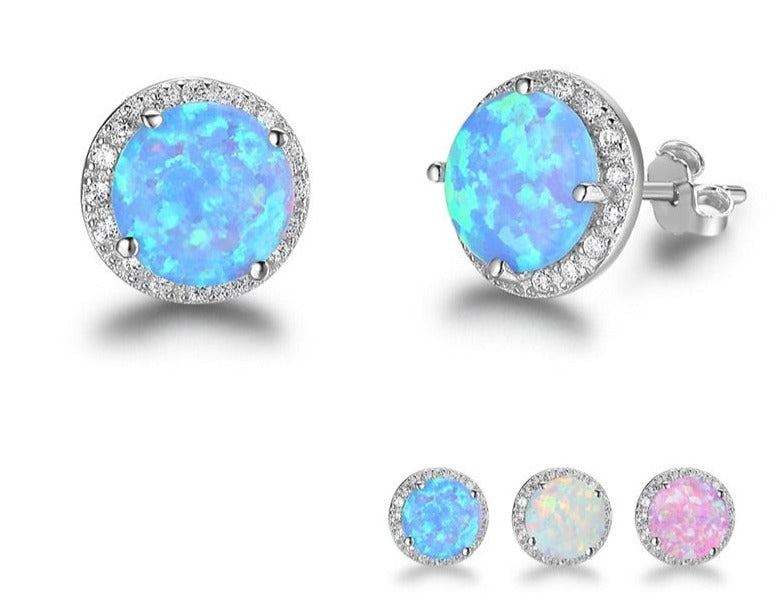 925 Sterling Silver Earrings Round Opal with Cubic Zirconia